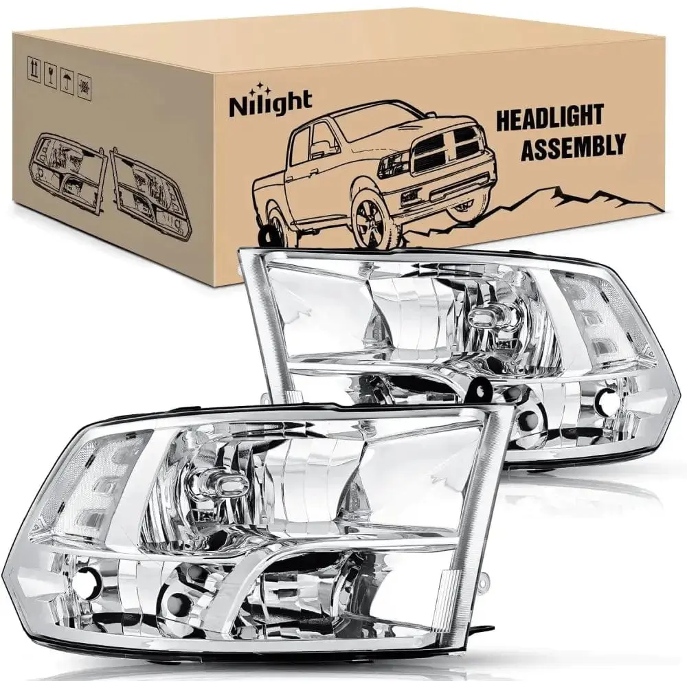 Nilight Halogen Headlight Assembly, Chrome Case, Clear Reflector, OE Standard Fit for 2009-2018 Dodge Ram 1500, 2500, 3500, 4500, 5500, Halogen Headlights