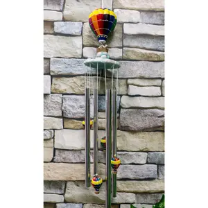 Hot Air Balloon Aircraft With Wicker Basket Above Clouds Wind Chime Figurine