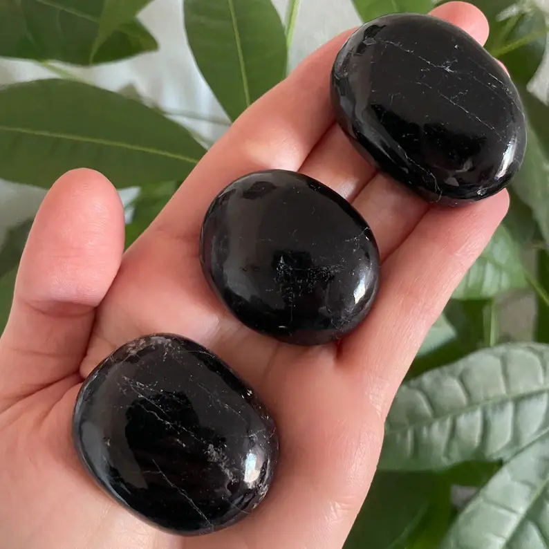 Natural Big Black Tourmaline Tumbled Healing Palm Stones - 2-Piece Natural Gemstones for Semi-Finished Jewelry Accessories & Derivatives Use