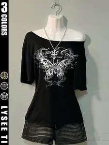 Women's Casual Versatile Everyday Spring Short Sleeve Streetwear Top with Butterfly, Skeleton Bone, and Skull Wing Print - Loose Fit, Shoulder-Sleeveless or Regular Shoulder Options Womenswear