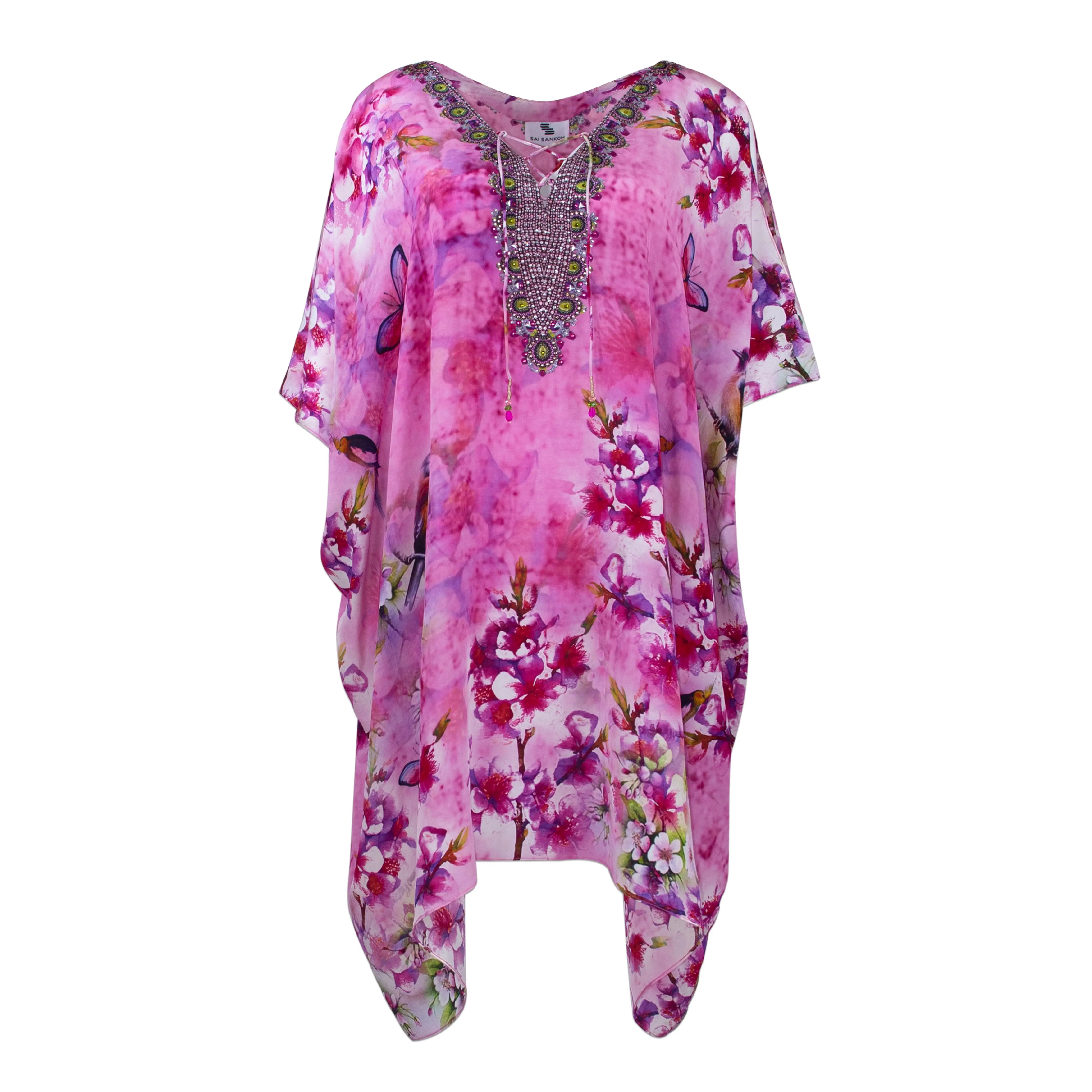 Sonya Short Silk Crepe Lace Up Kaftan