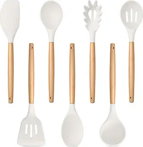 Kitchen Utensils Set of 7, Silicone Cooking Utensils Kitchen Tools with Wooden Handle, for Frying Stirring Mixing, Non Toxic & Heat Resistant, Non Stick & Easy Clean