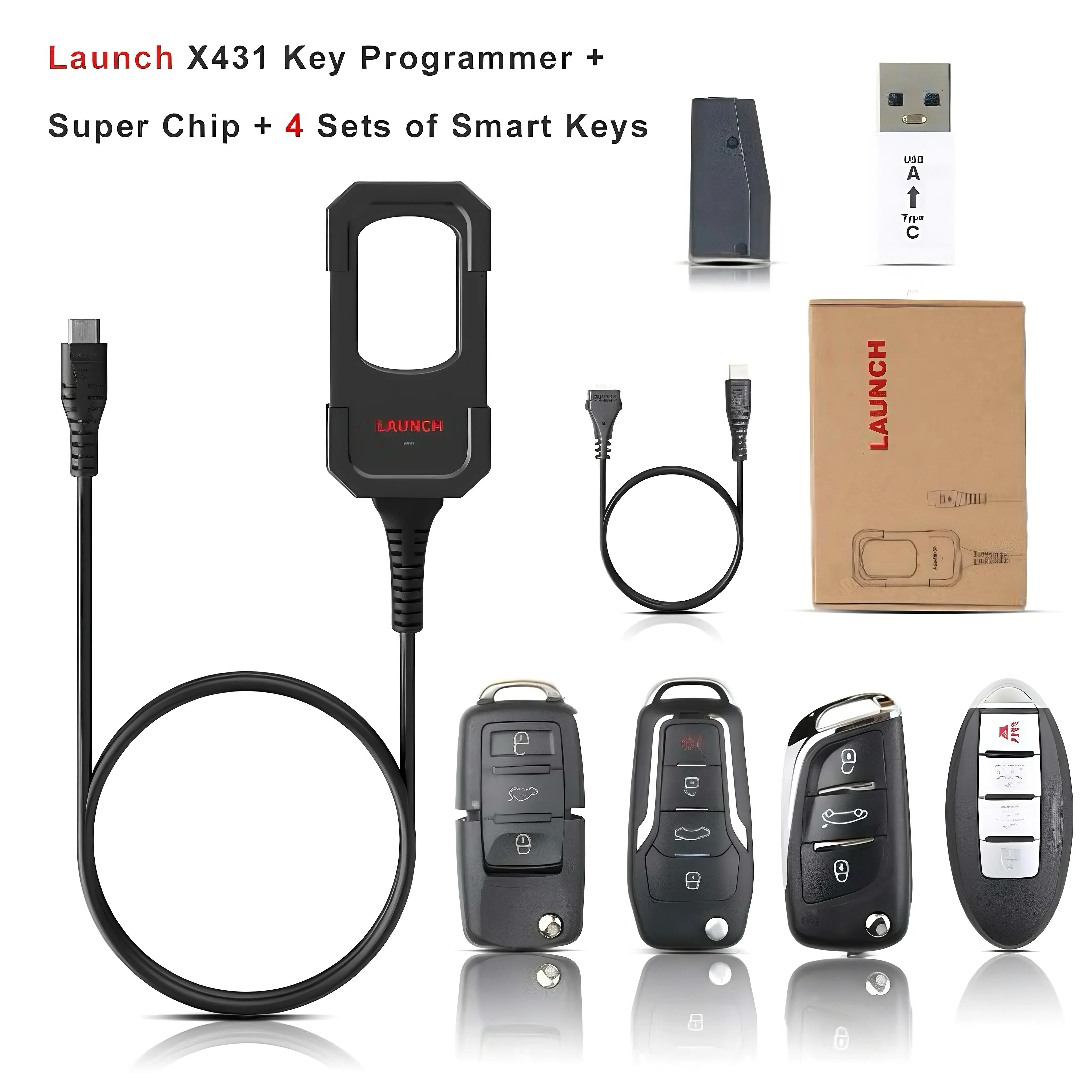 Launch X431 Key Programmer Remote Maker with Super Chip & 4 Sets of Smart Keys for Toyota Nissan Peugeot Volkswagen Ford USB to Type-C Connector