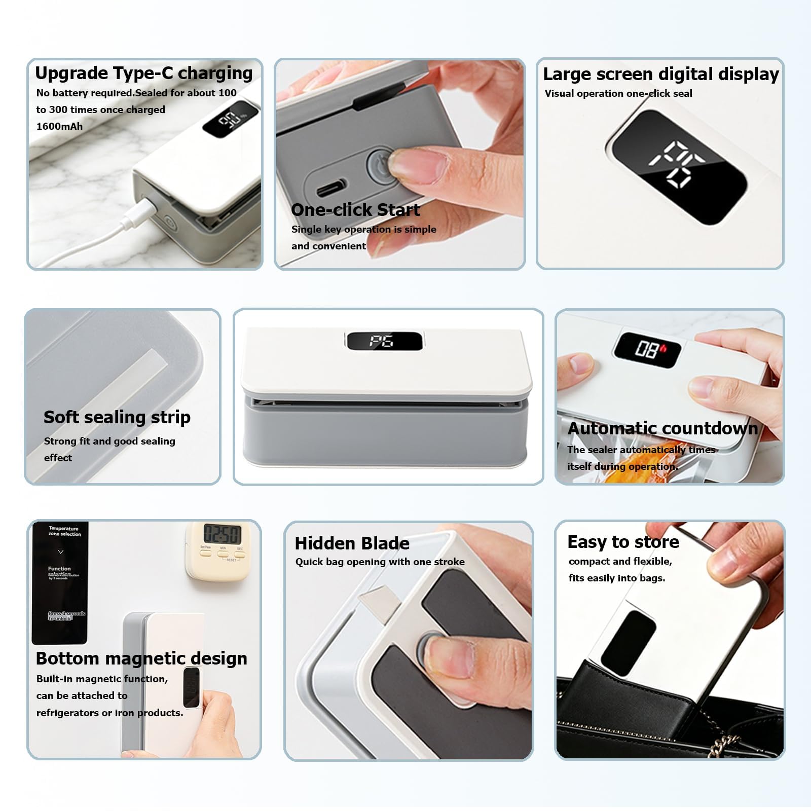 Compact Portable Food Sealer - USB-C Plastic Bag Sealer with LED Display, 8 Adjustable Gears, Magnetic Back, Automatic Sealing for Chips, Mylar Bags, Travel Home Preservation