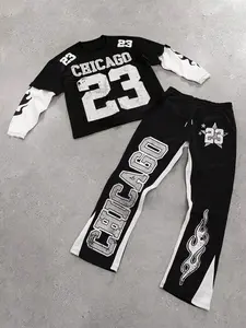 Unisex Street Style Letter Print Striped Crew Neck Long Sleeve Tee, Chicago Letter Print Joggers, Hip Hop Y2K Fashion, Couple