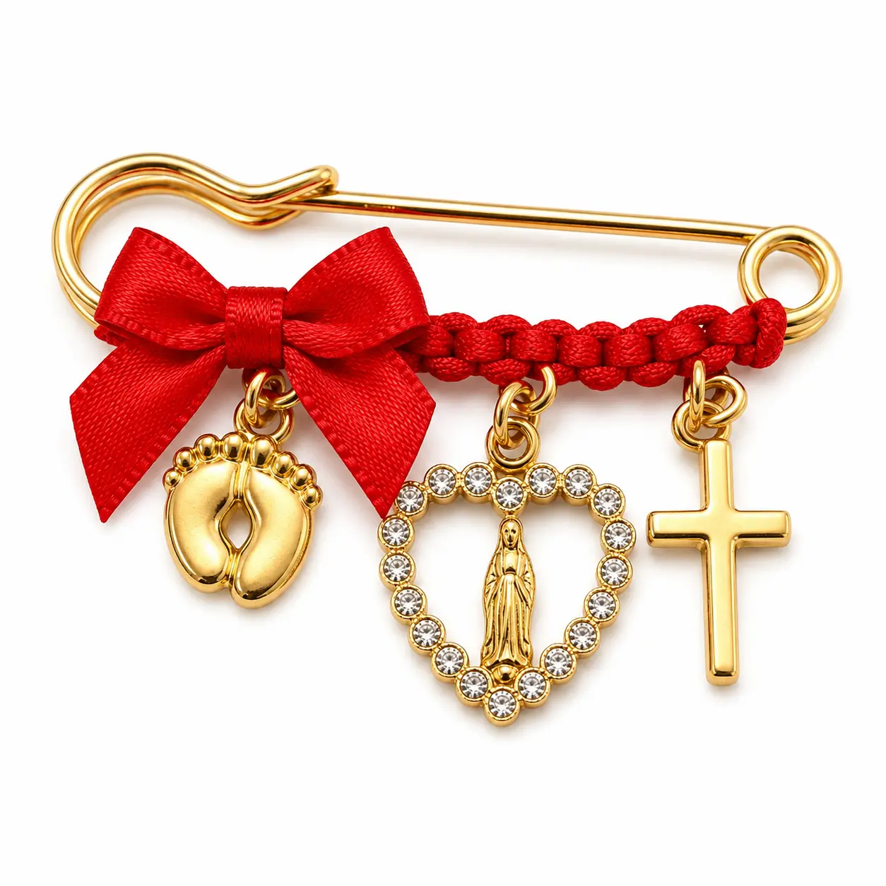 Gold Handmade Vintage Maternity Safety Pin Brooch with Baby Footprints, Virgin Mary-Cross Charms, Red Cord & Crystal Accents for Expecting Moms, Baby Shower Gift