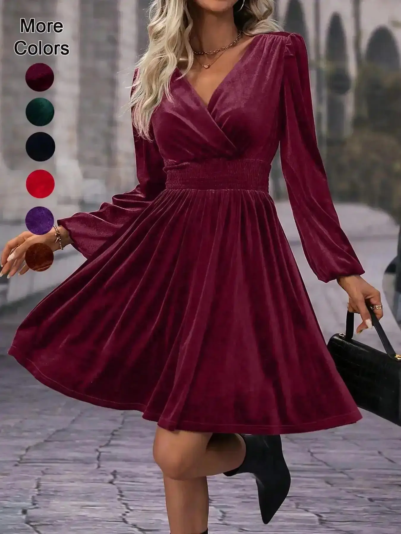 Women's Velvet Satin Dress, Soft, Waist Cinched Lantern Sleeves, Long Sleeve, Slimming Design, Chic, Party Wear, High-End Feel, Spring & Fall Fashion, Womenswear, Date Night, Picnic Ready, Lightweight