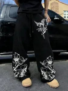 Y2K Angel Floral Print Sweatpants for Men, Loose-Fitting Casual Long Pants with Drawstring and Pockets, Ideal for All Seasons Relaxed Wear, Casual Streetwear Trousers