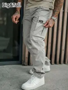 【Plus Size】 Men's Solid Color Pocket Drawstring Waist Cargo Pants, Casual Street Fashion Comfy Regular Fit Trousers for Daily Wear, Men's Bottoms for All Seasons