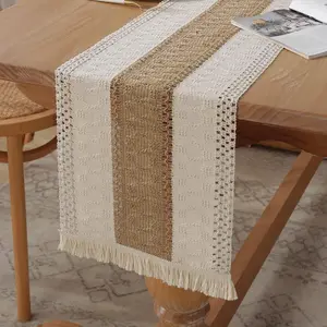 Boho Burlap Table Runner, Farmhouse Style Cotton Rustic Woven Table Runner with Tassels for Dining, Wedding, Bridal Shower, Bohemian (12x72 inch, Coffee Stripe)
