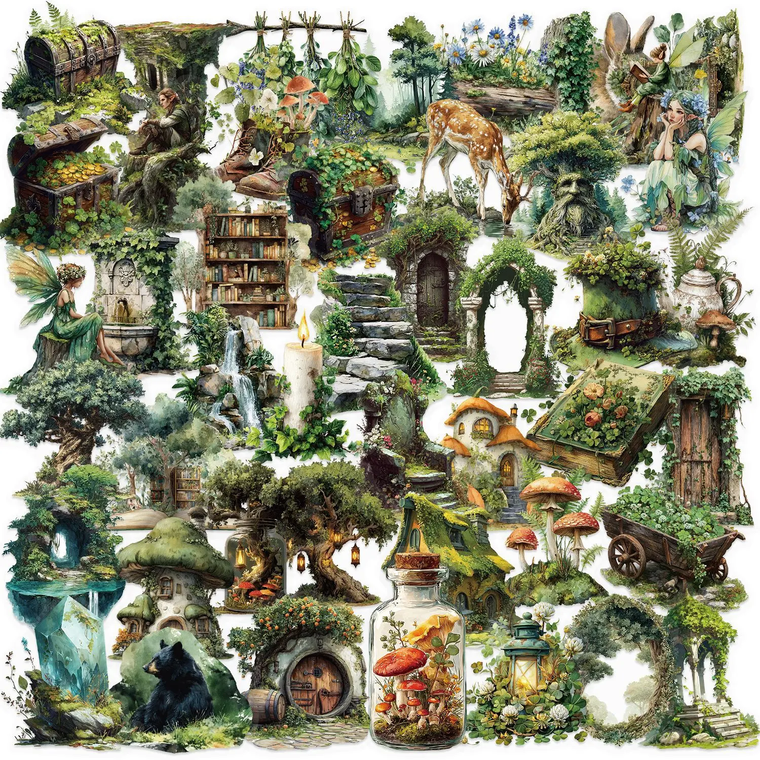 50pcs Cartoon Green Forest Transparent PET Material Series Graffiti Stickers Suitable for Luggage, Cellphone, Phone Cases, Laptops, Helmets, Skateboards Waterproof Decoration DIY Creative Stickers