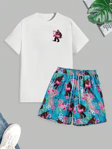 Men's Gorilla Print Short Sleeve Tee & Drawstring Waist Tropical Shorts Set, Regular Fit Casual Round Neck T-shirt & Shorts, Men's Summer Clothes, Menswear