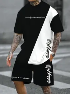 Men's 3D Color Block Design Short Sleeve and Shorts Set, Casual Fitted with All over Print for Summer Style