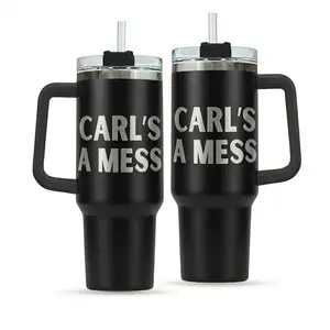 Carl’s a Mess 40oz Tumbler with Handle Funny Quote Cup | Viral TikTok Drinkware | Insulated Travel Mug with Straw | Funny Gift for Friends Coworkers | Aesthetic Minimal Black Tumbler Cup Everyday Use