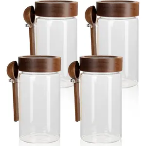 18 oz/550 ml Glass Storage Canister with Airtight Wooden Lid, Clear Small Decorative Container Jar with Spoon for Salad Overnight Oats Snacks Yogurt Cereal Fruit  Sugar Coffee - 4 Pack