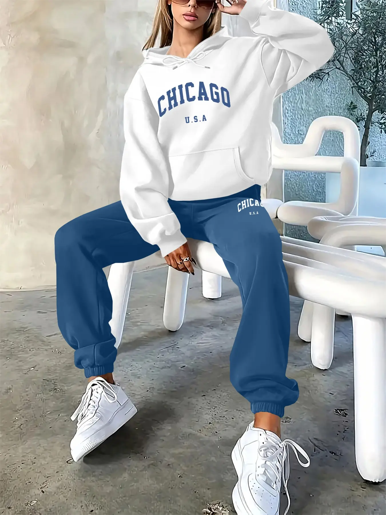 CHICAGO City Letter Print Thin Spring Fall Fashion Casual   2 Pieces Women's Long Sleeve Hoodie + Pants Tracksuit Set, Comfortable Sportswear