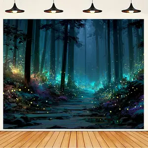 1pc Magical Forest Wall Tapestry - Glowing Fireflies, Dark Blue & Green Magical Woods Design - No Electricity Needed, Easy Hang with Adhesive Backing - Living Room, Bedroom, Party Decor - Perfect Gift for Nature Lovers - Durable Polyester Fabric, Bedroom