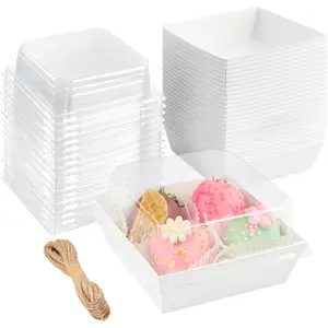 50 Pack Small Paper Charcuterie Boxes with Clear , 4x4 Inch Mini Cake Slice Boxes To Go Bakery Containers for Individual Desserts, Cookies, Strawberries,  (White)