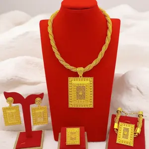 Women Jewelry Set Gold Plated Necklace Earrings Square Ring Bracelet Mom Gifts Ideas Daily Dress Decorations
