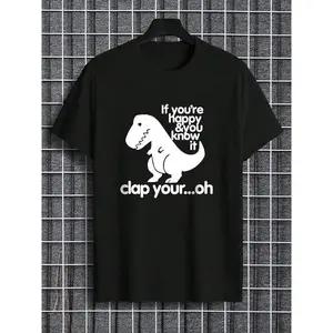Men's Regular Fit Cartoon Dinosaur & Letter Print Round Neck Tee, Casual Comfy Short Sleeve T-shirt for Daily Wear, Men's Summer Clothes  everyday