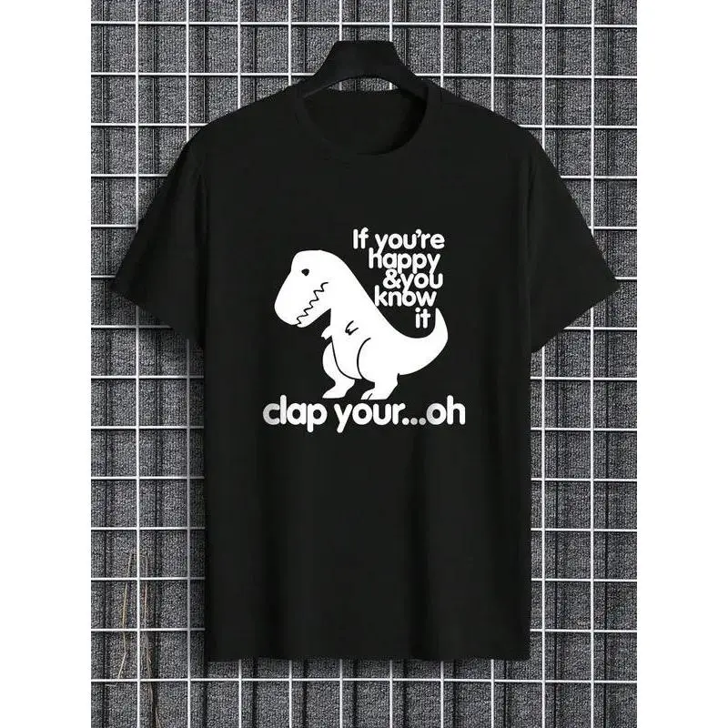 Men's Soft Knitted Cotton Regular Fit Round Neck Short-Sleeve Tee - Cartoon Dinosaur & Letter Print, Streetwear Sporty Casual Top for Daily Summer Valentines Day Menswear, Knitting, Childrens Day, Breathable Fabric, Regular Fitted, Sporty Street, T-Shirt,