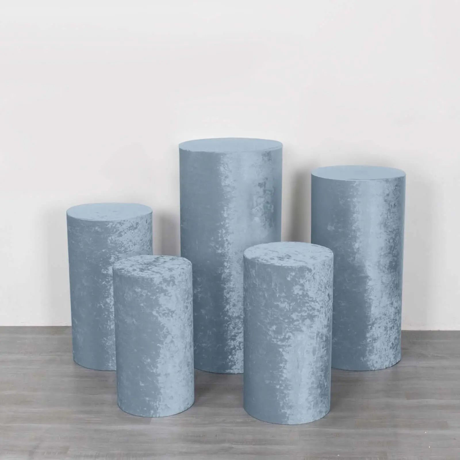 Dusty Blue Crushed Velvet Cylinder Pillar Covers (Set of 5) - Premium Pedestal Stand Dust Covers for Wedding, Home Decor, Hand Wash Only