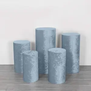 Set of 5 Dusty Blue Crushed Velvet Cylinder Pillar Prop Covers, Premium Pedestal Stand Covers
