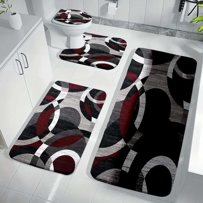 3/4pcs Grey Black White Curved Line Flannel Bathroom Mat Set, Non-Slip Absorbent Bath Rugs, U-Shaped Toilet Cover, Washable Complete Shower Mat Kit
