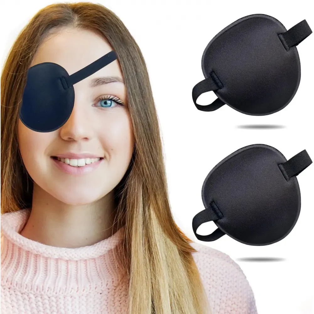 Black 2-Pack Smooth Foam Padding Medical Amblyopia Lazy Eye Patches (7.5 x 7 cm/2.95 x 2.76 inches) - Elastic Adjustable One-Size Band, 3D Groove, Easy to Use & Remove, for Adults and Kids, Sports & Outdoor Daily Use (Left/Right Eye Compatible)