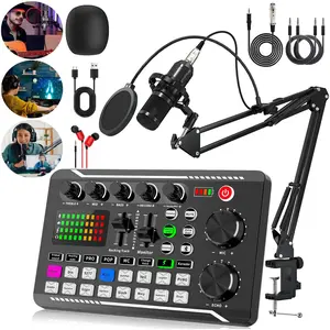 Wireless BT DJ Equipment, RGB Color Buttons Live Sound Card, BM-800 Microphone Set, Live Streaming Equipment for PC, Computer, Mobile Phone, Karaoke Singing Party
