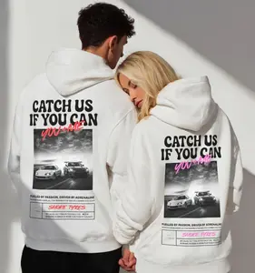 Catch Us If You Can Couple Hoodie Set, 2 Sides Print Racing Car Love Graphic Hoodie, Soft Cotton Blend Unisex Hoodie, Street Wear Graphic Hoodie, Gift for Car Lover Couples
