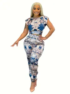 Two-Piece Set Women's Ethnic Pattern Tie Back Crop Top & Pocket Pants, Boho Cap Sleeve Top & Trousers Set for Daily Casual Holiday Vacation Wear, Ladies Summer Clothes