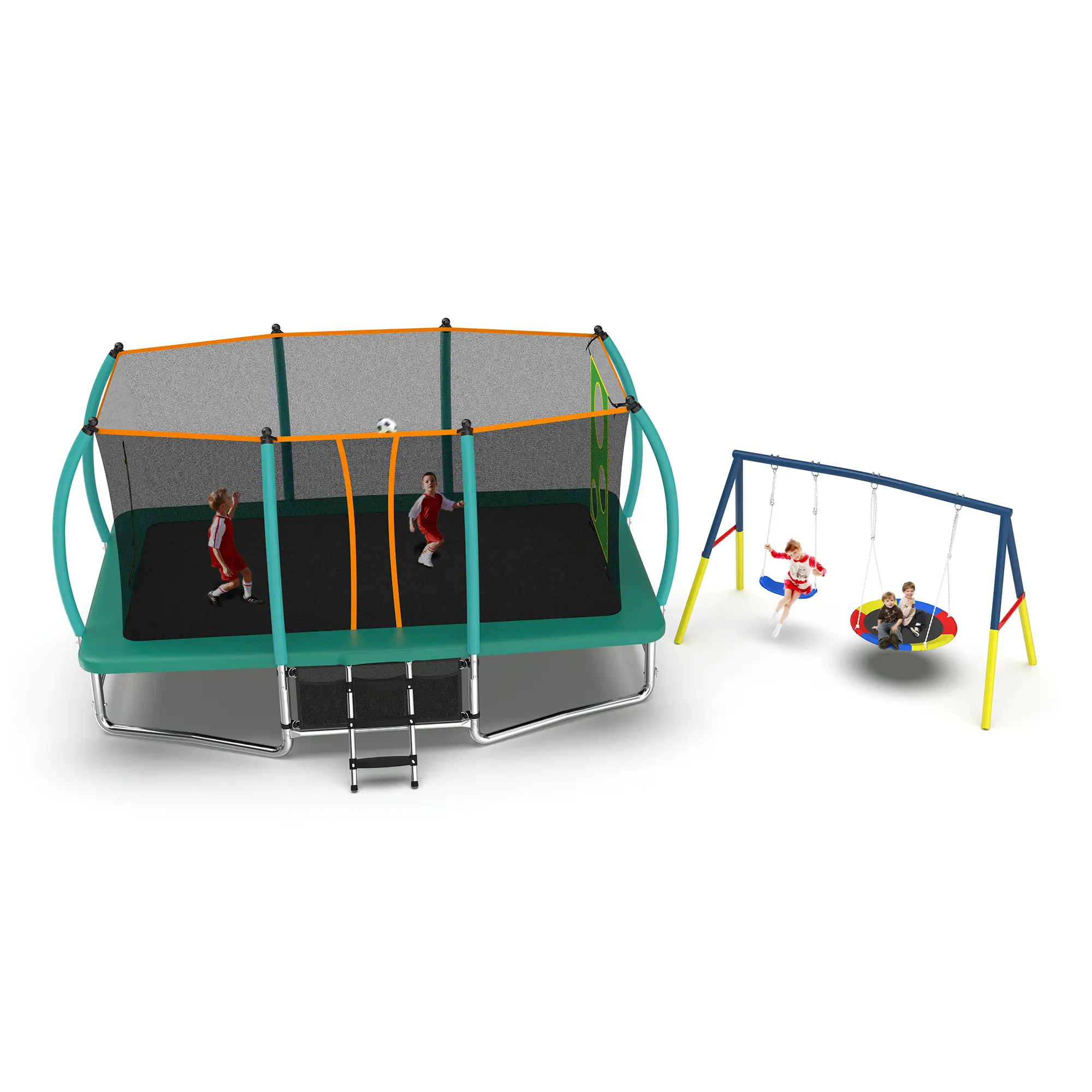 Mersco 10x16FT 4-in-1 Reinforced Thick Outdoor Indoor Trampoline - Steel Frame Trampoline Jumping Bouncer with Swing Set, Safety Net, Green Unisex Backyard Gift Toy