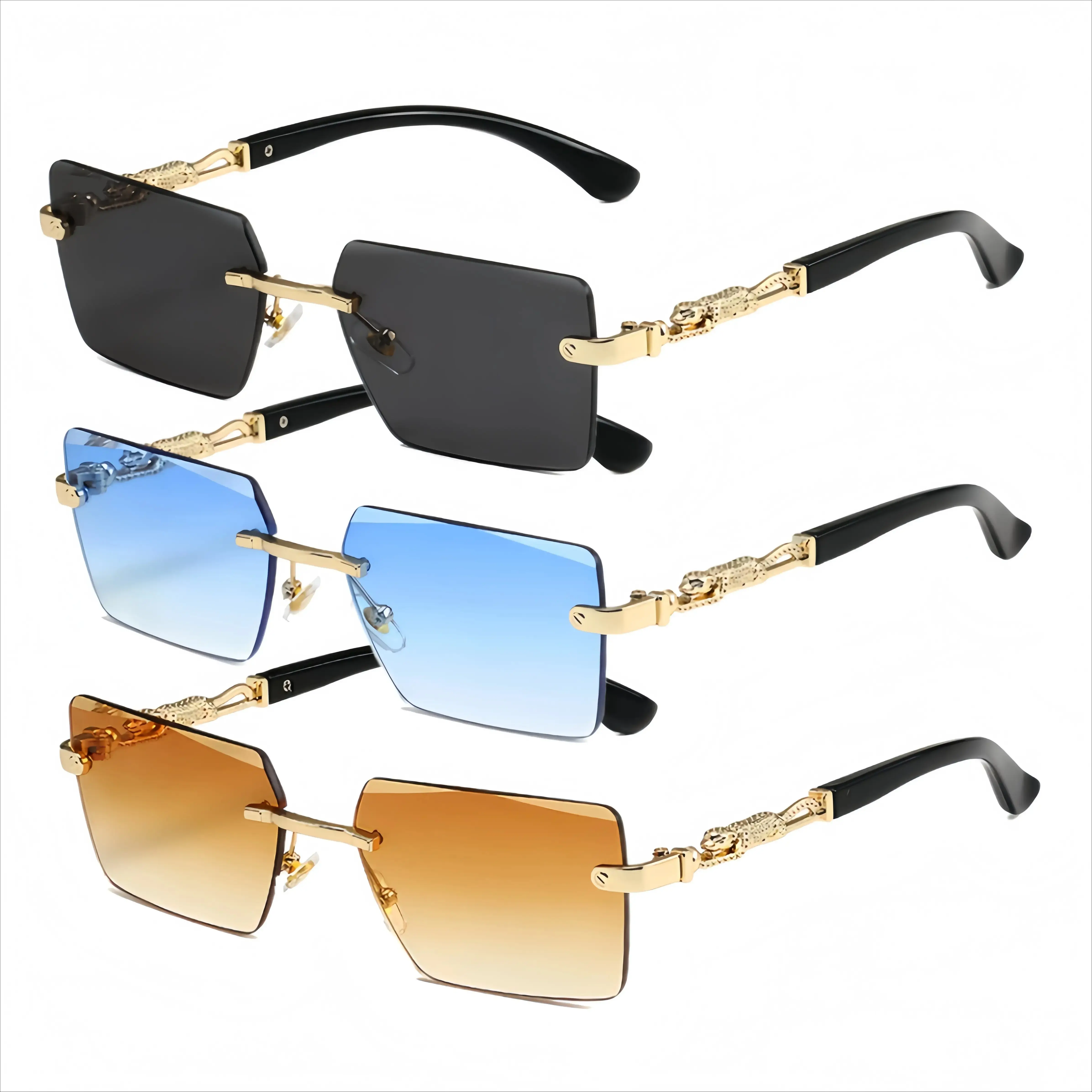 3-Pack Rimless Square Sunglasses for Women & Men, Lightweight Vintage Style with Leopard Accent, Gradient Lens & UV400 Protection, Men's Sunglasses, Rimless Shape, Pc+Metal, Women's Sunglasses, Vintage Retro