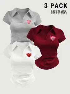 Women's Three-Piece Set Polo V-Neck Short Sleeve Top, Casual Embroidered Heart Pattern T-Shirt, 2026 Trendy Comfortable Slim Fit Tee