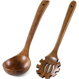 2 count Wooden Ladle Set,  ladle and Wooden Pasta Spoon with Hole, Durable  , Non Scratch Cooking Tools for Soup, Pasta and Stirring