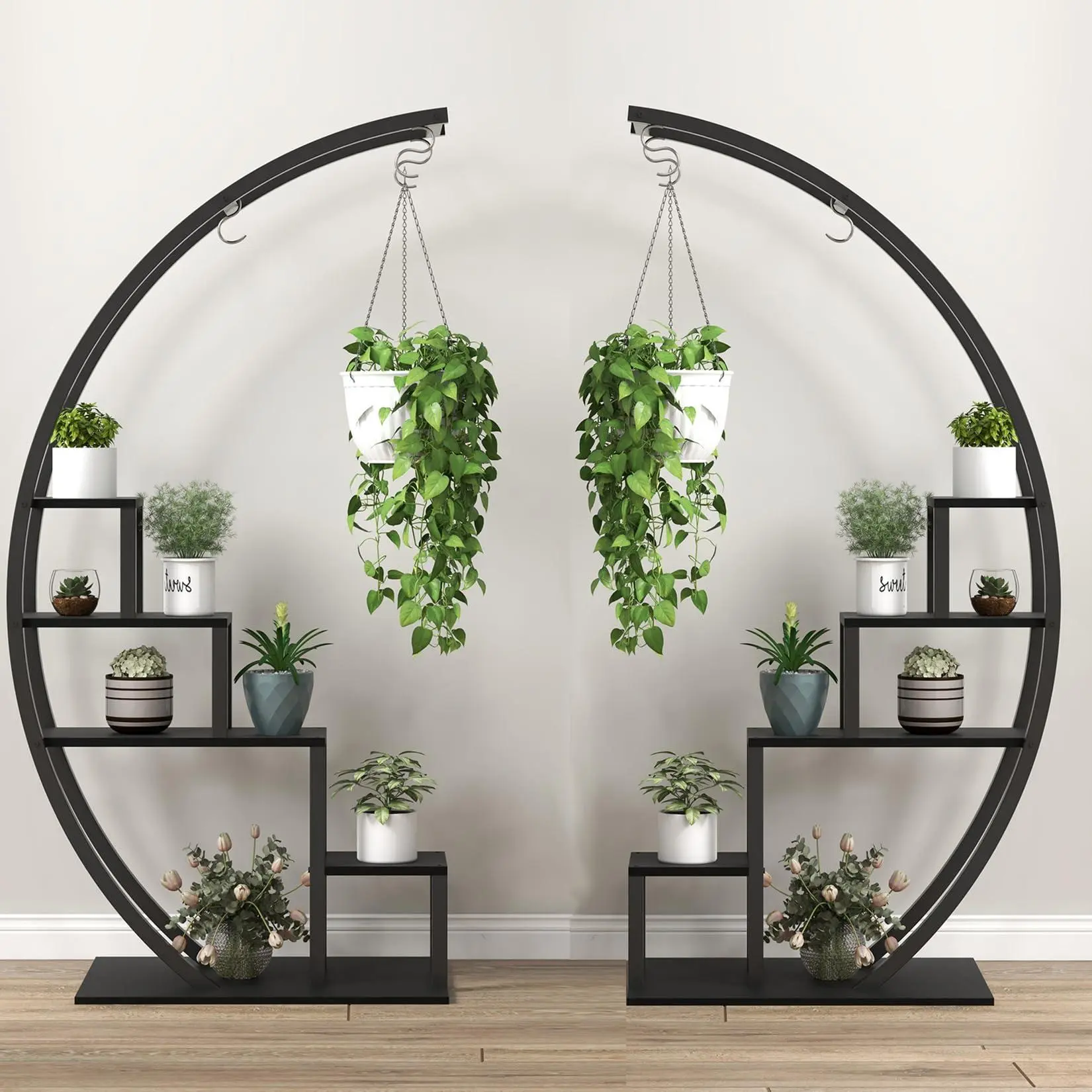 5 Tier Flower Plant Stand Indoor, 2 Pack Half Moon Plant Shelf Tall, Metal hanging Plant Rack for Multiple Display for Home Patio Lawn Garden Balcony (Black)