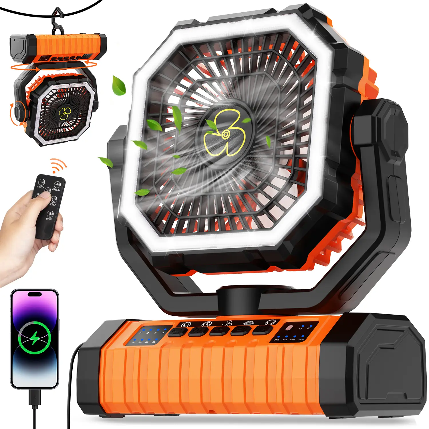 Portable Fan for Camping – 20000mAh Rechargeable with LED Light, Remote Control, 360° Rotating Hook, Power Bank, Quiet for Tent, Travel, Outdoors | Fa