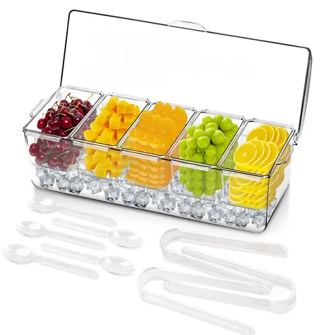 Kitchen Acrylic Ice-Chilled Condiment Server Caddy with Lid - 5 Removable Compartments, Dispenser, Lightweight Portable Tray, Cooler, 5 Forks, Utensil-Friendly Container, Snack & Storage Container for Parties