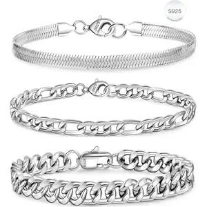 3 Pcs Chain Bracelet for Men Women, S925 Sterling Silver Cuban Herringbone Figaro Link Chain Wrist Bracelets Set Jewelry Gifts