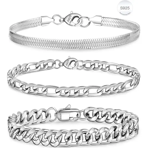 3 Pcs Chain Bracelet for Men Women, S925 Sterling Silver Cuban Herringbone Figaro Link Chain Wrist Bracelets Set Jewelry Gifts