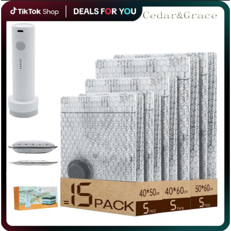 Cordless Travel Vacuum Bag Set 15-Pack Compression Bags for Carry-On ...