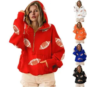 Womens Game Day Sweatshirts Football Sequin Hoodies Tailgate Outfits Long Sleeve Zipper Sweaters with Pocket