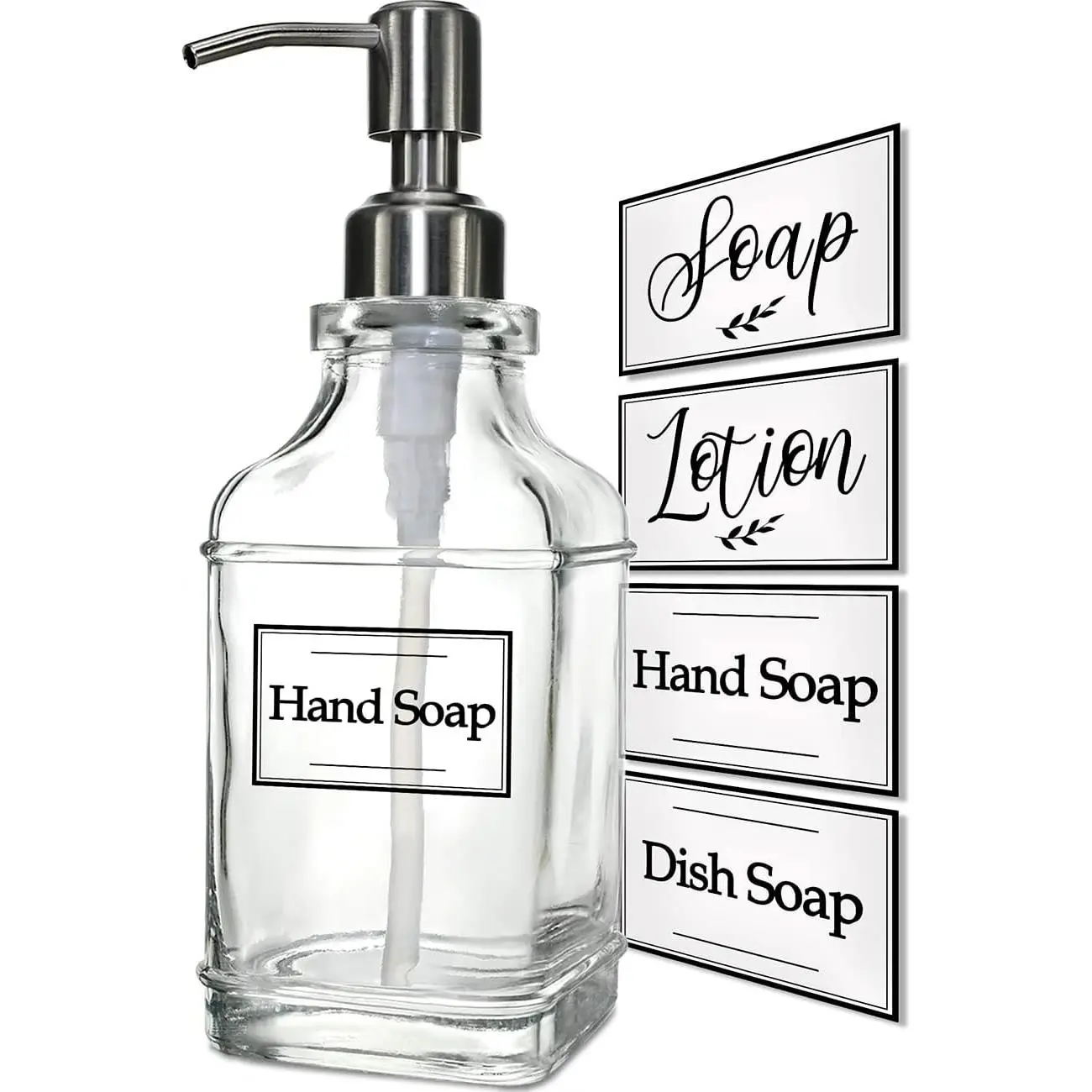 Antique Design Soap Dispenser with Rust Proof 304 Stainless Steel Pump, Refillable Clear Glass soap Dispenser with 10 count Clear Stickers,  Kitchen & Bathroom Soap Dispenser