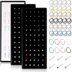 FINREZIO 190 Pcs Colorful Nose Rings Hoops Studs Stainless Steel Jewelry Set for Women Men Hypoallergenic Shaped Nose Studs Sparkle CZ Double Nose Piercing Nose Rings Double Hoop Nose Rings