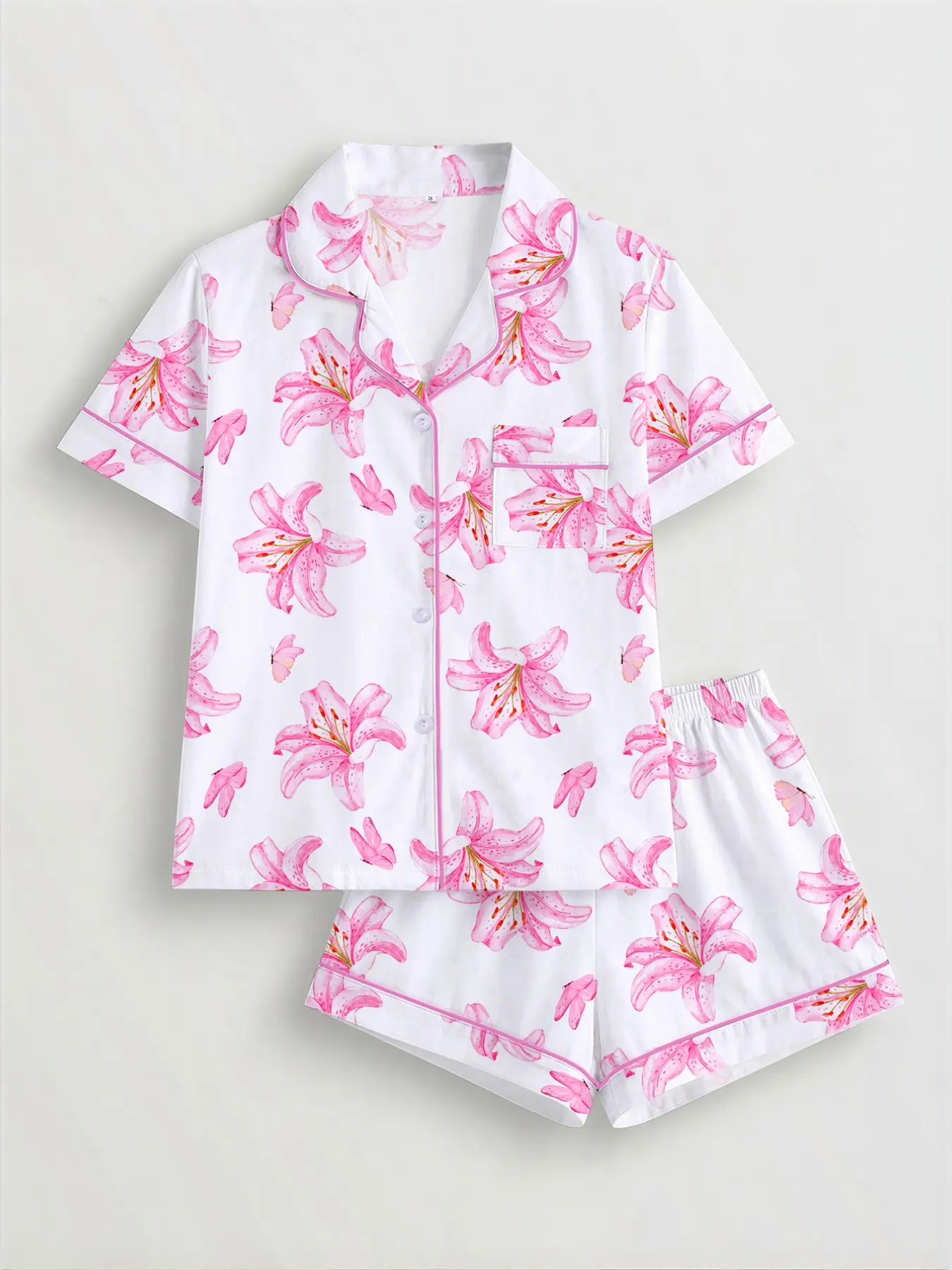 Women's Floral & Butterfly Printed Matching Pajama Set, Pjs, Pyjamas, Loungewear, Nightwear, Short Sleeve Button-Up Top & Elastic Shorts, Casual Home Wear for All Seasons, Everyday, Homewear, Lightweight Sleepwear