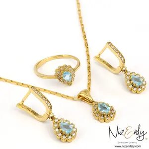 Dainty Gold Plated Natural Blue Topaz Tear Drop Full Set