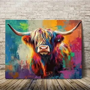 Vivid Highland Cow Canvas Painting, 30x40cm - Colorful Abstract Print with Wooden Frame, Waterproof, Wall Art Painting, Cow Print Design, Perfect for Living Room, Bedroom, Office Decoration| Durable indoor/outdoor art, cow decoration