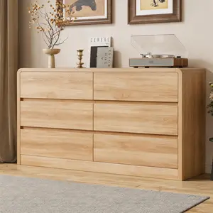 55" Wide Dresser for Bedroom with 6 Drawers, Dressers & Chests of Drawers with Curved Profile Design, 6 Drawer Dresser, Bedroom Dressers, Wood Dressers for Bedroom, Hallway, Natural
