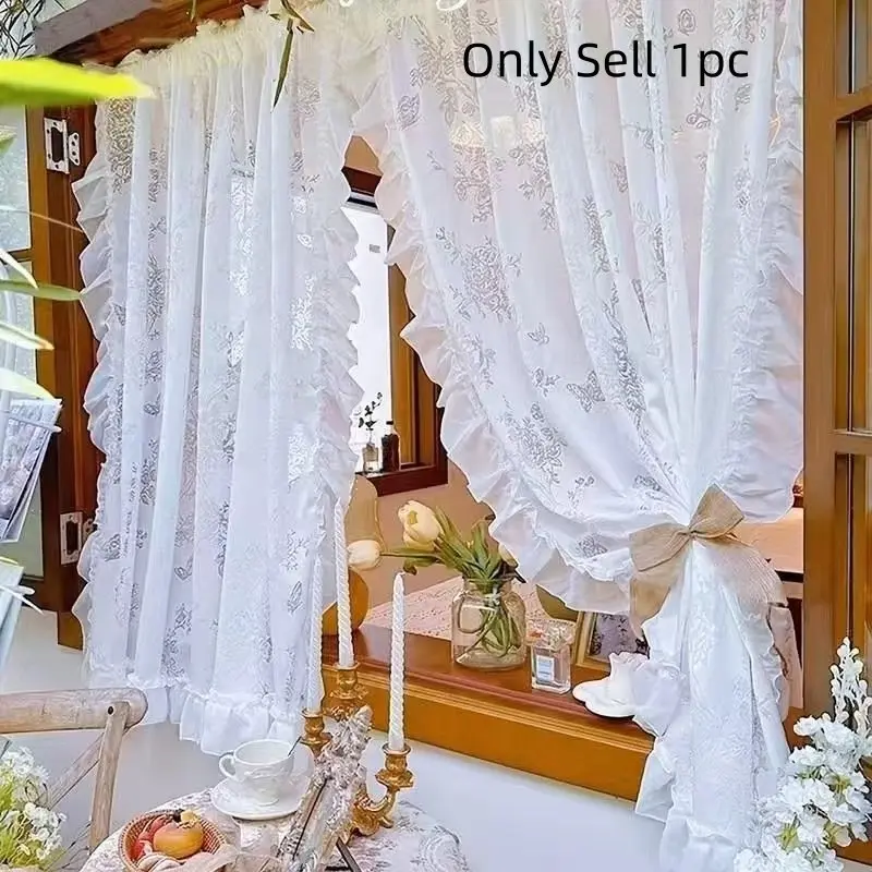 1pc French Ruffle Sheer Curtain with Hollow Rose Floral Butterfly Pattern, rod pocket Victorian Style Drapes for Daughter Bedroom Decor Window Curtain
